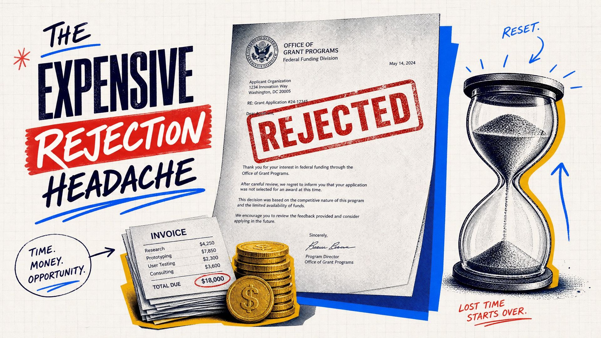 The expensive rejection headache illustration: rejected application letter, invoice, hourglass