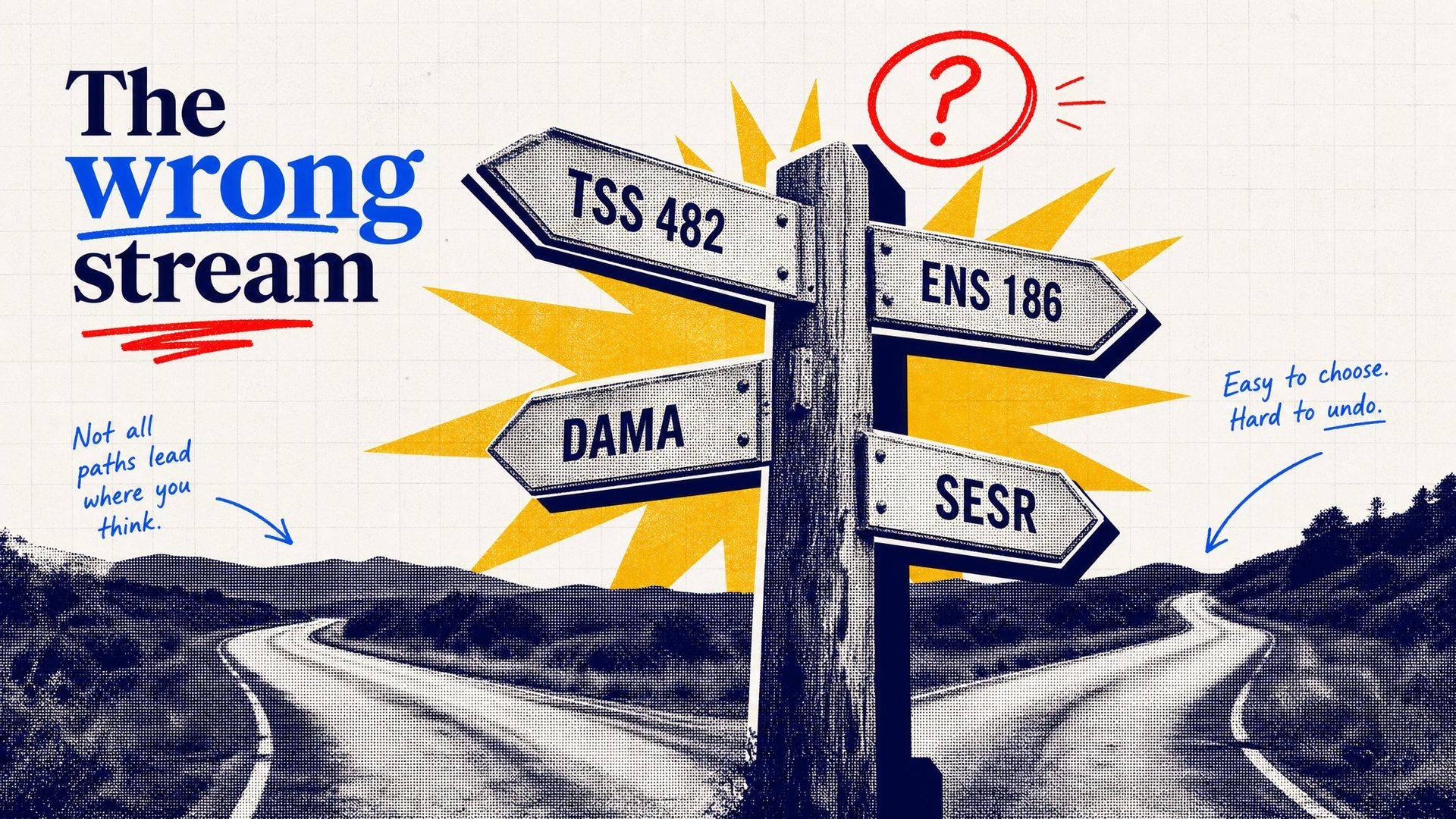 The wrong stream illustration: signpost with TSS 482, ENS 186, DAMA, SESR pointing different directions