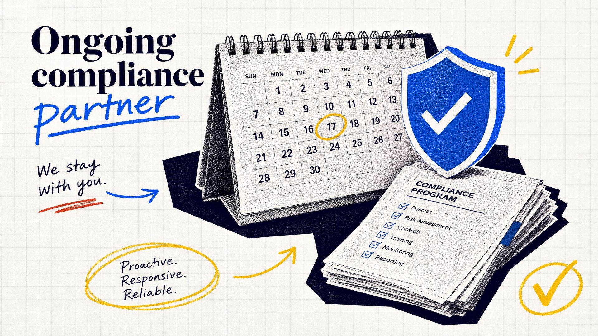Ongoing compliance partner illustration: calendar, compliance program checklist, shield
