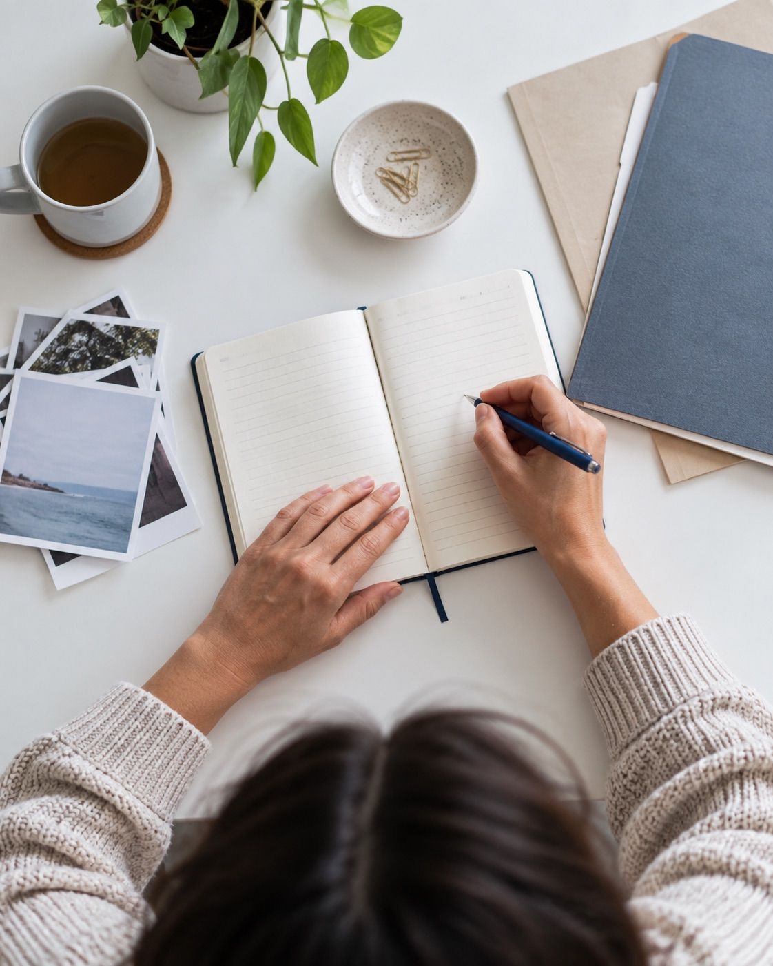 Hands arranging documents and photographs for an application