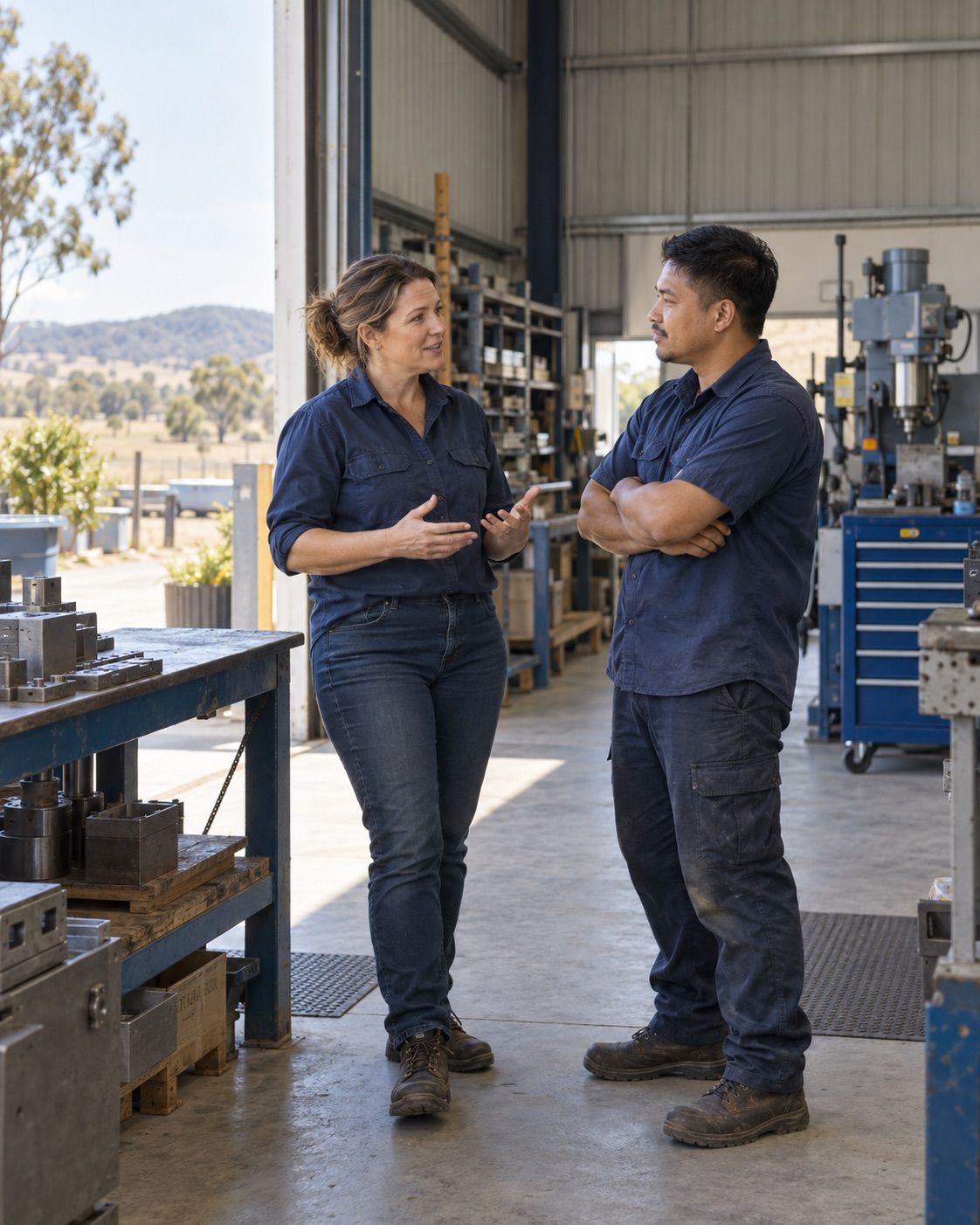 Regional workshop owner speaking with a skilled worker