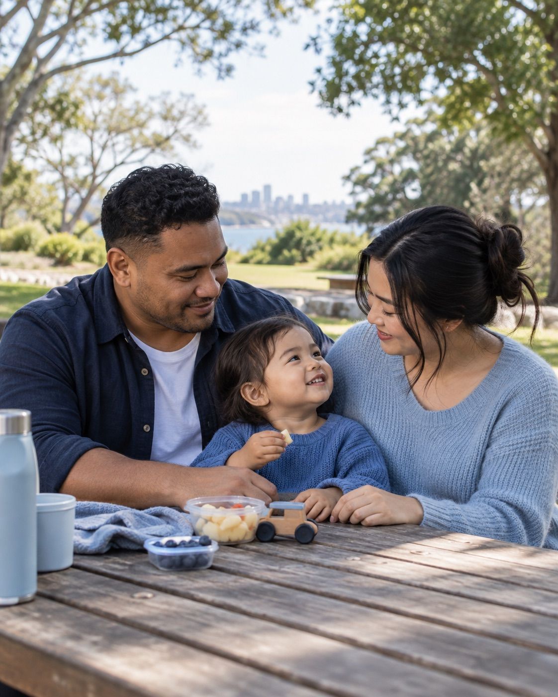 Parents and their child together in a leafy park