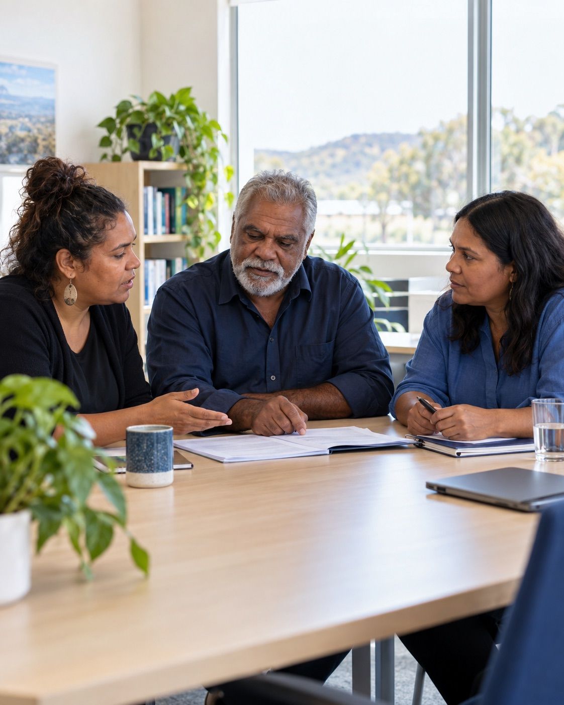 Organisation representatives discussing documents around a table