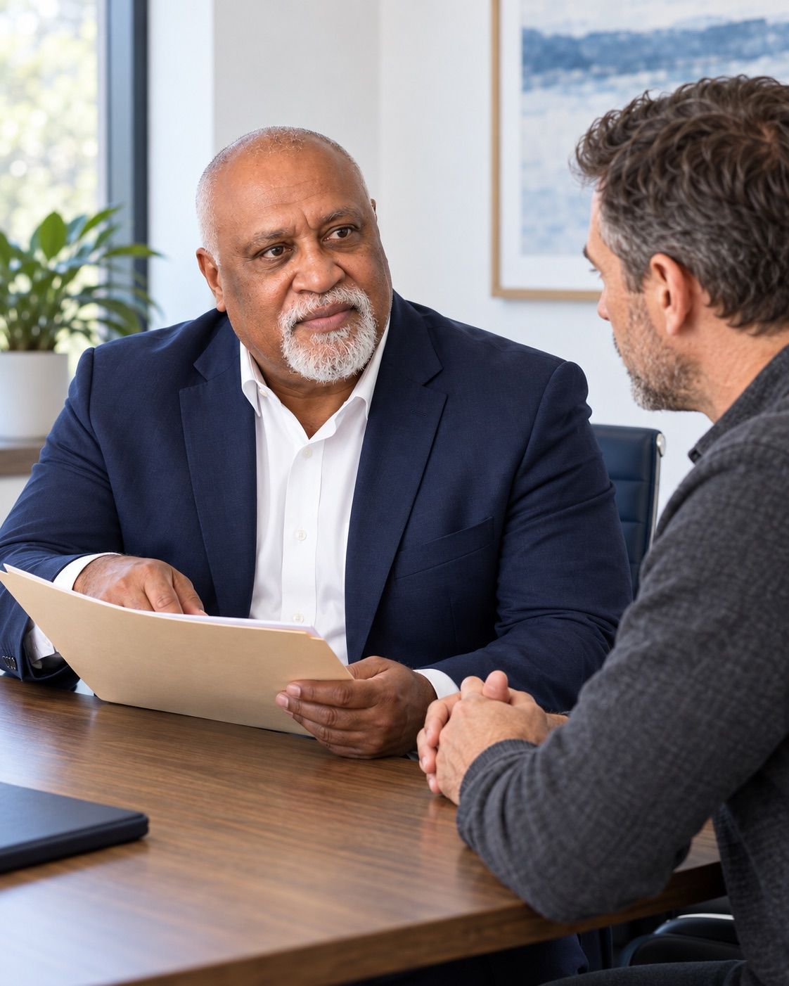 Tui Savu reviewing a case file with a client