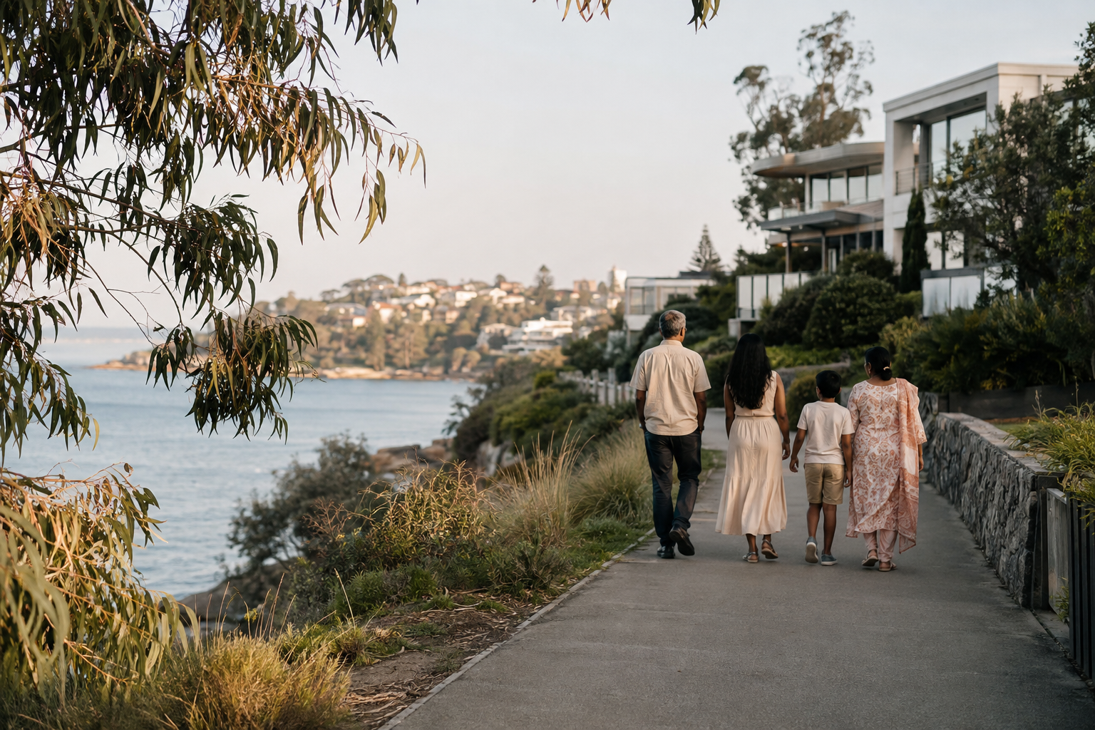 Illustrative family walking together along an Australian-inspired coastal path